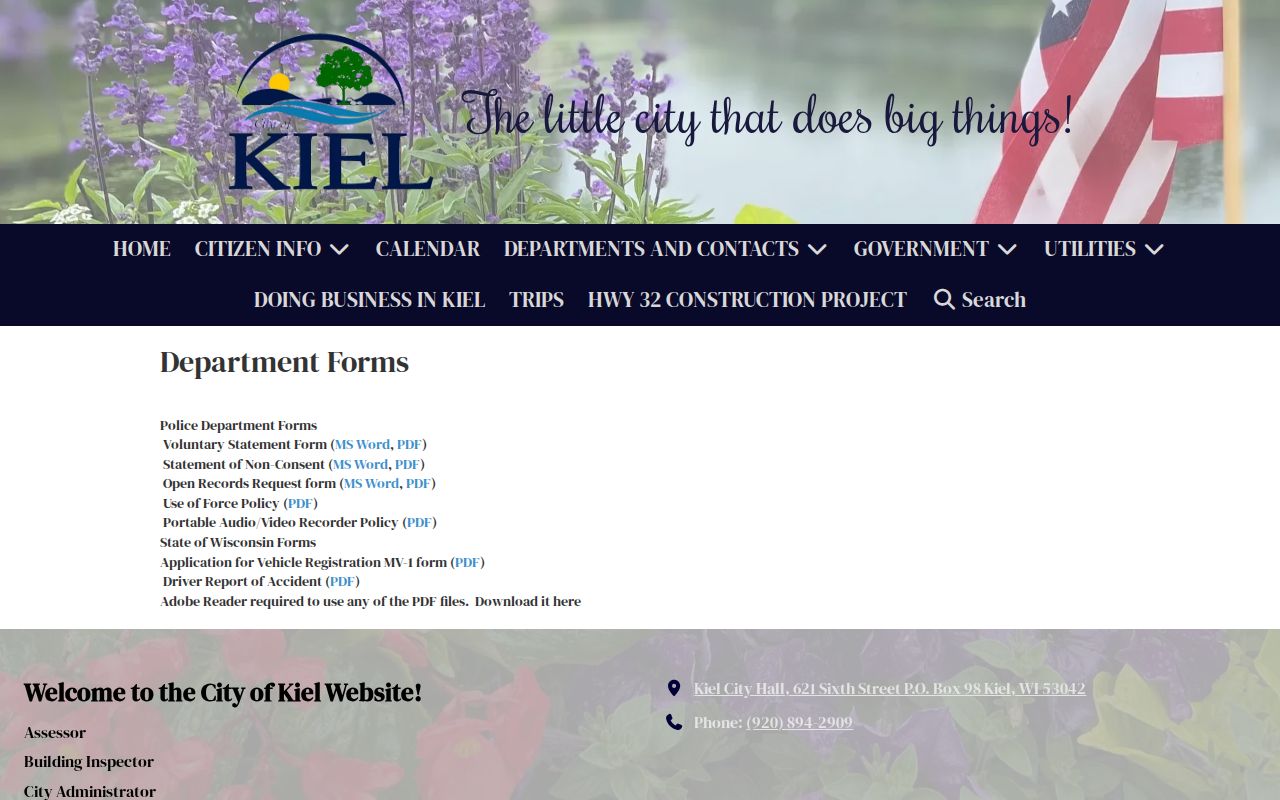 Kiel official police records and arrest request forms page
