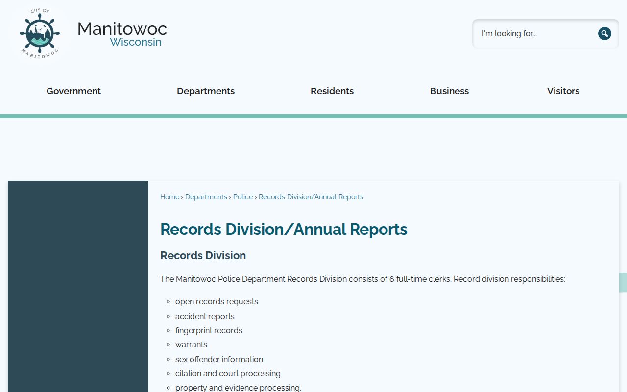 Manitowoc Police Department Records Division page showing records responsibilities