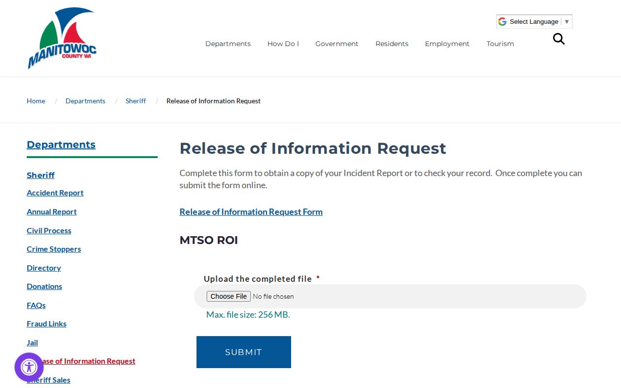 Manitowoc County official booking record request source for recent arrest questions