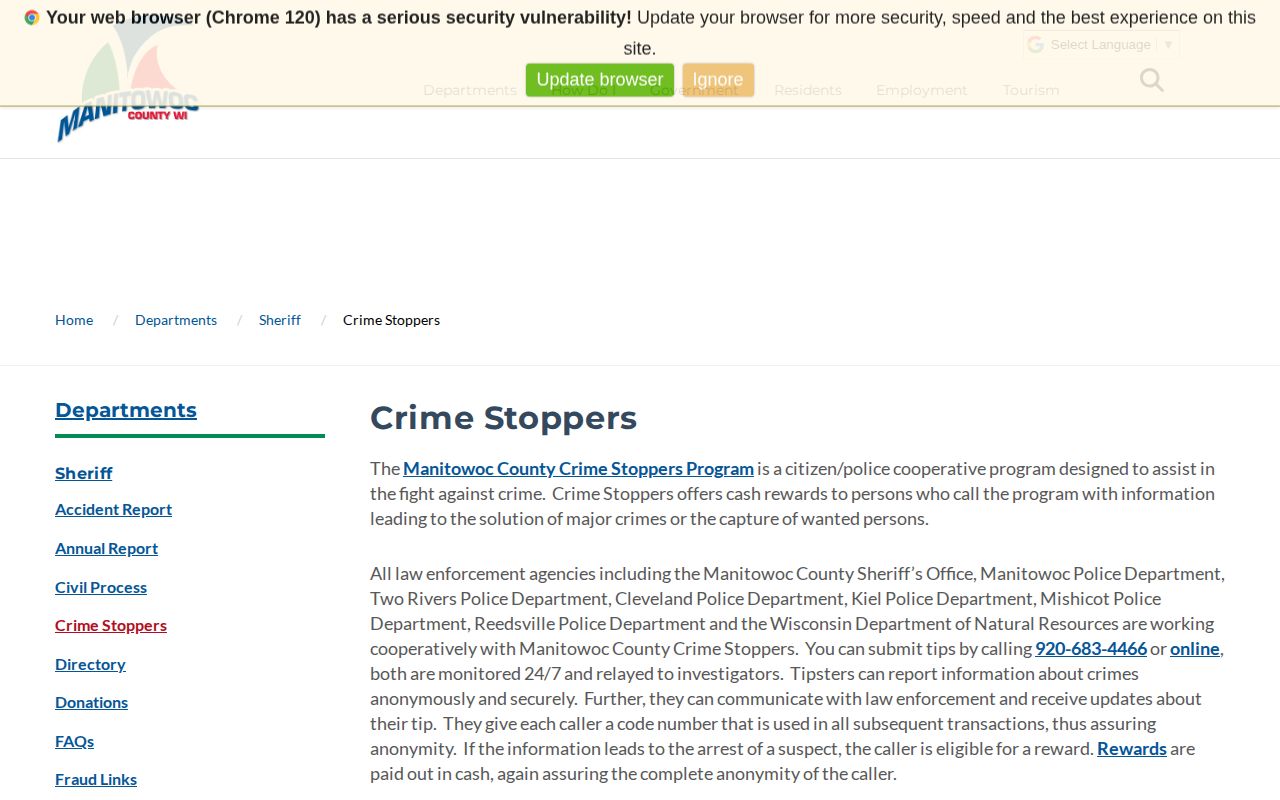 Manitowoc County Crime Stoppers official warrant tip resource