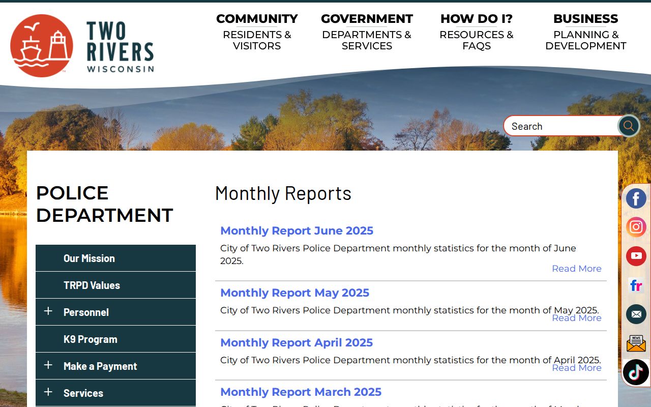 Two Rivers official arrest-record context in the TRPD Monthly Reports archive